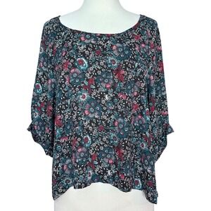 Women's Large Dark Floral Flowy Bohemian Whimsy Goth Top Witchy Hippie
